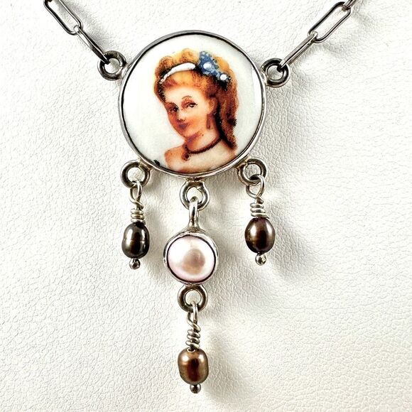Handmade Vintage Unique RARE Sterling Silver & Pearl Gibson Girl Necklace - Picture 1 of 3